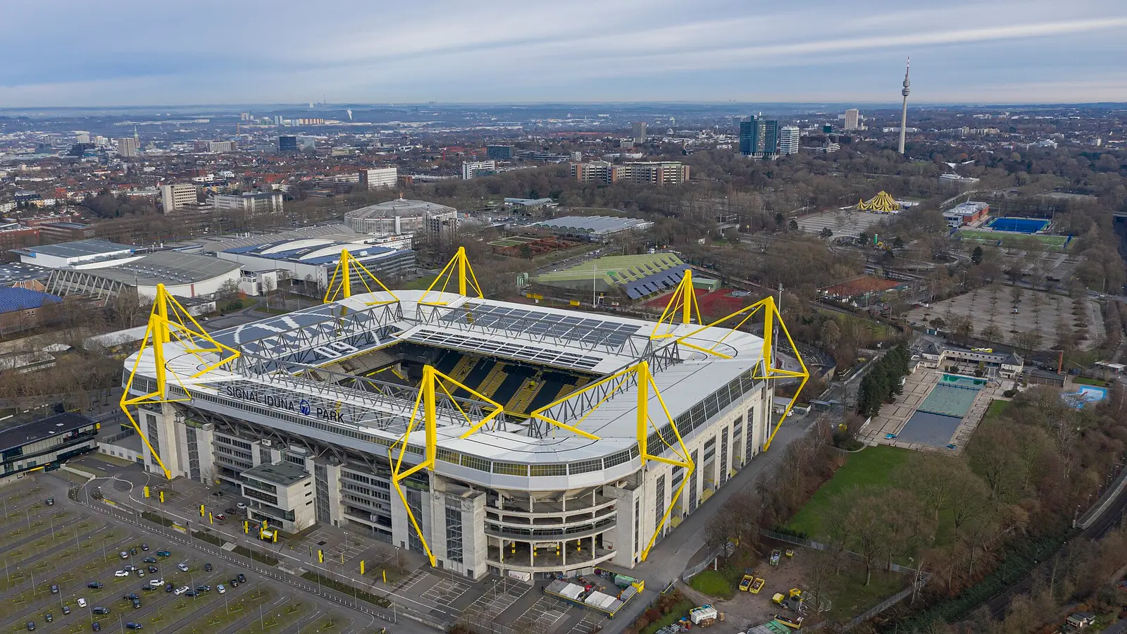 Aerial view of Signal Iduna Park in Dortmund with its yellow steel pylons